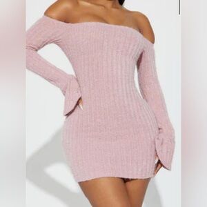 Off-Shoulder Ribbed Bodycon Mini Dress - Dusty Pink